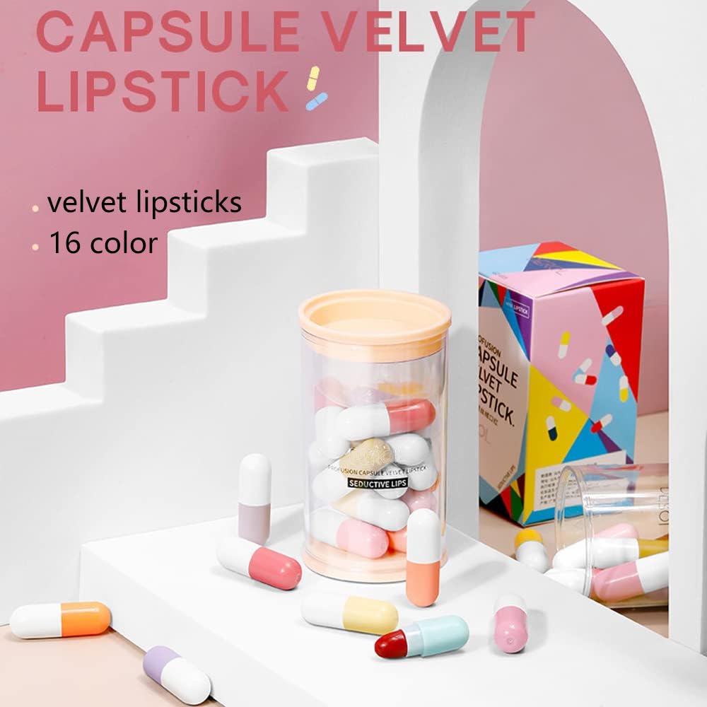 SWETIYOU 16 Pcs Mini Pills Lipstick Capsule Set, Waterproof Long Lasting Mini Matte Lipstick Set, Cute Capsule Velvet Matte Lipstick Set, Lipstick Bulk for Women