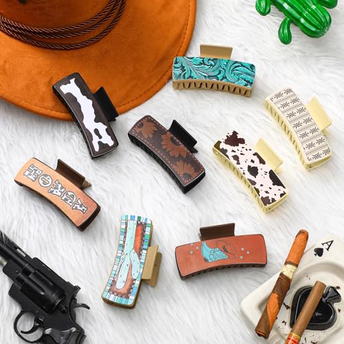 8 Pcs Christmas Western Leather Hair Claw Clips Bulk Cow Print Highland Cattle Hair Claw Clips Western Accessories Gifts for Women Country Cowgirl Stuff Xmas Accessories (Aesthetic Cowgirl)