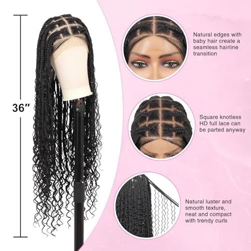 Kalyss 360¡Æ HD Full Lace Knotless Boho Braided Wigs for Women Box Braid Wig with Baby Hair Premium Synthetic Long Black Lace Front Braided Wigs (36 Inch)