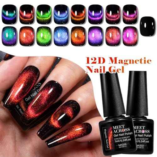 MEET ACROSS 12D Cat Eye Gel Nail Polish Set, Colorful Holographic Cat Eye Glitter Gel Polish Blue Purple Green Nail Gel Polish Kit with Base Top Coat and Magnet Soak Off Nail Art Gel DIY Salon Gift