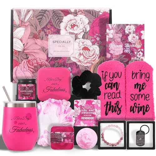 Birthday Gifts for Women, Happy Birthday Gift Box for Mom Her Girlfriend Sister Wife Grandma Bestie Bff, Pink Self Care Gifts Unique Get Well Gifts Relaxing Spa Gift Basket Set, Mothers Day