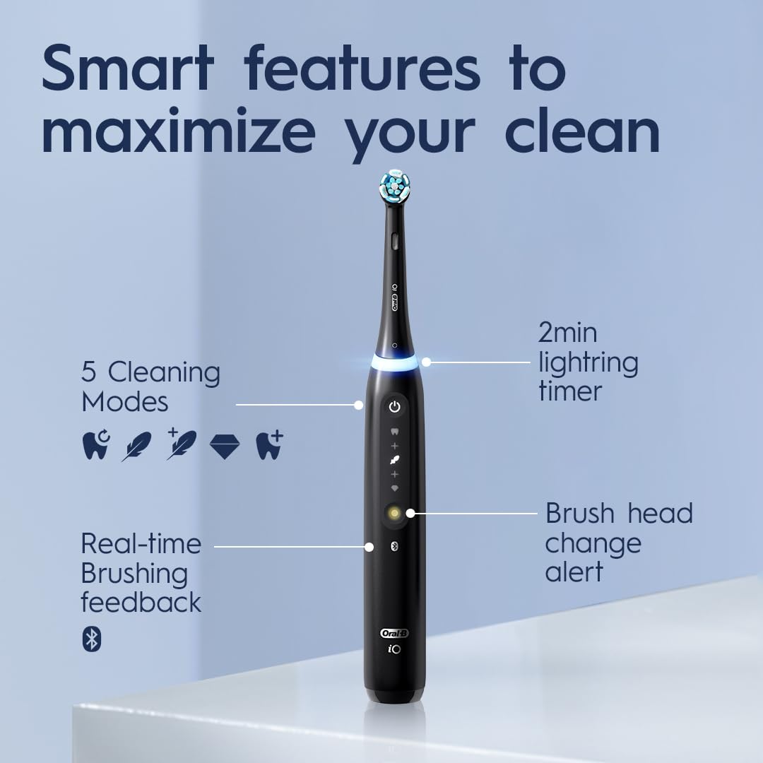 Oral-B Rechargeable Electric Toothbrush, iO5 Limited Deep Clean & Whiten, 5 Cleaning Modes, Visual Pressure Sensor to Protect Gums, Travel Case, 3 Brush Heads, White