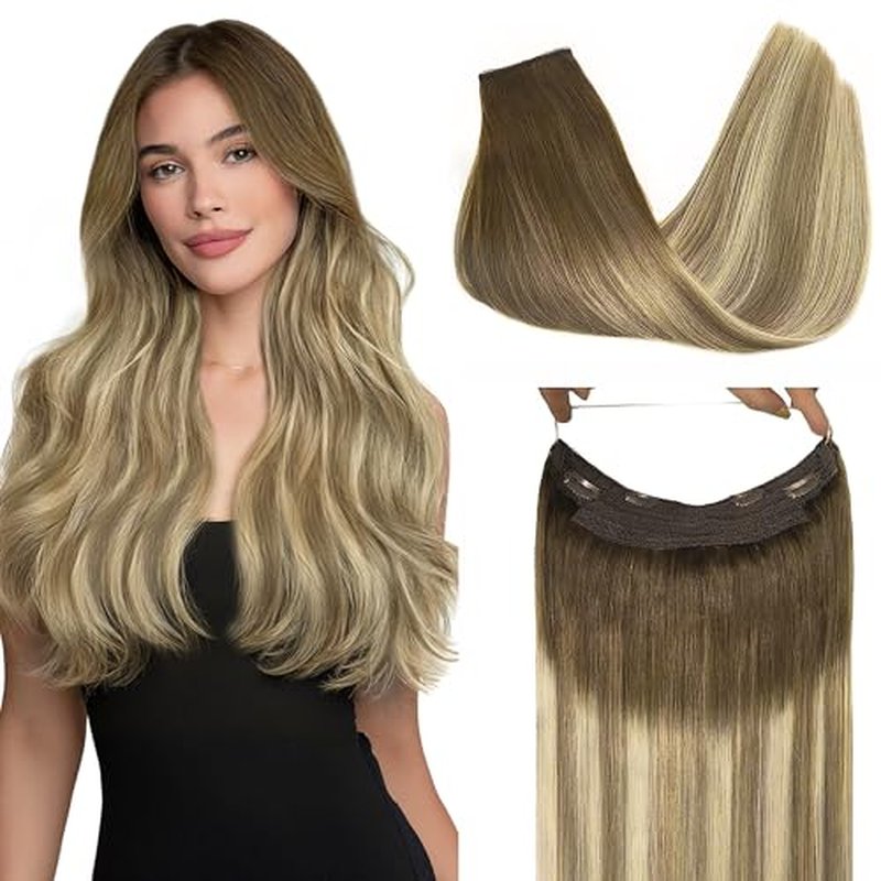 GOO GOO Wire Hair Extensions Human Hair, 3/8/613 Walnut Brown with Ash Brown and Bleach Blonde Balayage 16inch 95g, Invisible Wire Hair Extensions with Transparent, Seamless Fish Line Hairpiece
