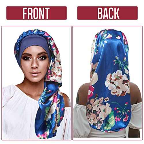 4PCS Long Satin Bonnet Sleep Cap,Black Extra Large Silk Bonnet for Natural Hair, Bonnets for Women Night Sleep,Wide Elastic Band, Very Soft & Comfortable (Black,3 Floral Patterns)