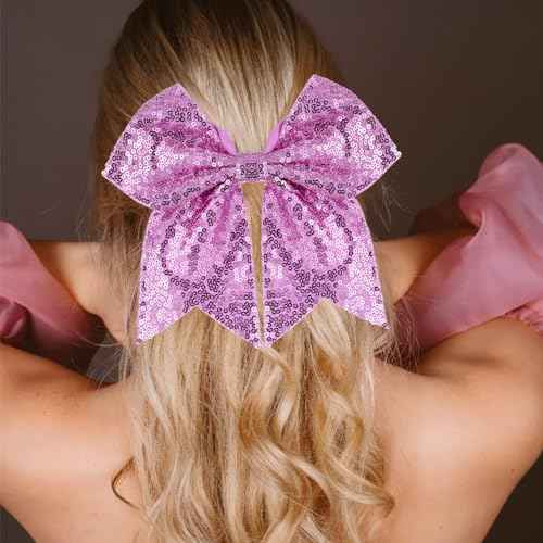 Large Big 7 Inch Glitter Bow Clip Sequin Bling Party Hair Accessories for Women Teens Girls Kids 2 Pcs (HotPink, LightPurple)