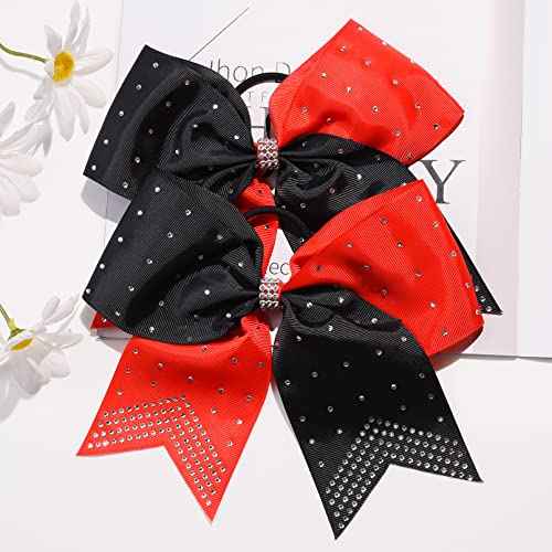 CEELGON Large Rhinestones Cheer Bows, 12 PCS Glitter 7" Cheer Bows Ponytail Holder for Cheerleaders Girls Hair Bows, Red/Black with Full Rhinestone