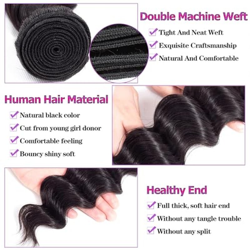 10A Human Hair Bundles with Closure Loose Deep Wave Quick Weave Hair-18 20 22+18inch, 100% Raw Brazilian Virgin Hair Loose Wave Lace Closure with 3 Bundles Pre plucked Natural Black Color