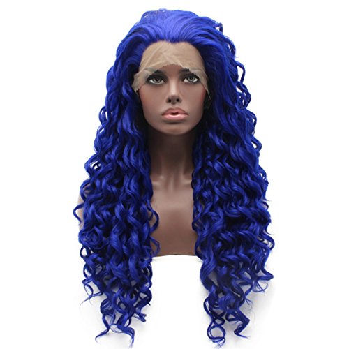 iwonawig Iewig Long Curly Blue Heat Resistant Wig Half Hand Tied Synthetic Hair Front Lace Wig