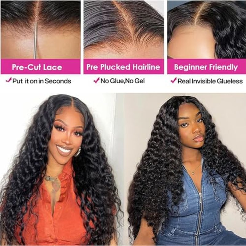 Deep Wave Curly 5x5 Hd Lace Closure Glueless wigs Human Hair Pre Plucked Pre Cut Wear and Go Lace Front Wigs for Black Women Human Hair (26 Inch)