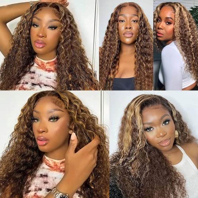 P427 Human Hair Highlight Deep Wave Bundles 26 28 30 inch Double Weft Brazilian Hair Extensions Ombre Two Tone Blonde Mixed With Brown Deep Curly Wet and Waye Bundles for Women