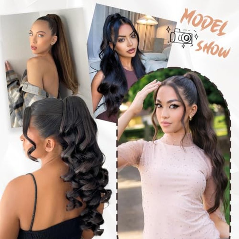 Ponytail Extension Human Hair 20 Inch Natural Black Silky Straight Clip in Pony Tails Hair Extensions Real Hair Wrap Around Ponytail Hair Piece for Girls(20 Inch Natural Black #1B 95G)