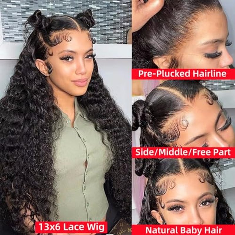 Nakkia 24 Inch Deep Wave Lace Front Wig Human Hair 13x6 HD Transparent Lace Frontal Wigs 180% Density Deep Curly Human Hair Pre Plucked Glueless Wigs for Women Natural Color