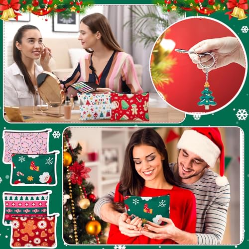 Kacctyen 24 Pcs Christmas Cosmetic Bags and Keychains for Women Makeup Bags with Zipper Santa Snowman Bells Candy Cane Keychain Toiletry Organizer for Christmas Party Favor Xmas Gifts
