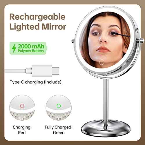 Gospire 7" Lighted Makeup Mirror with Magnification 10X/1X, Rechargeable Cordless Stepless Dimming LED Lights, 360¡Æ Swivel Magnifying Cosmetic Vanity Standing Mirror for Dresser, Bathroom
