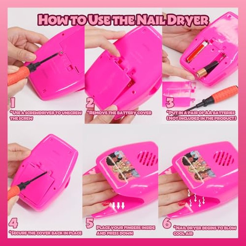 Townley Girl Barbie 8 Piece Nail Polish Set with Nail Dryer for Kids, Peel-Off Water-Based, Safe for Kids, Batteries Not Included, Ages 3 and Up