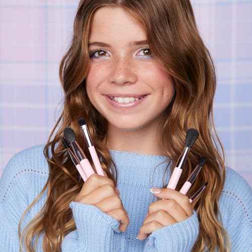 Petite N Pretty Essential Eyeshadow Brush Set with Duck Clips - Pink Makeup Bag, 6 Artist Brushes & Hair Accessories for Girls, Kids, Teens, and Tweens