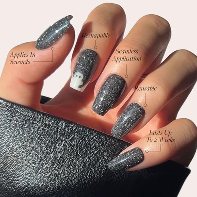 Glamnetic Press On Nails - Phantom Glow | Opaque Black Glitter & Glow-in-the-Dark Ghost Medium Coffin Fake Halloween Nails, Salon Quality | 15 Sizes - 30 Nail Kit