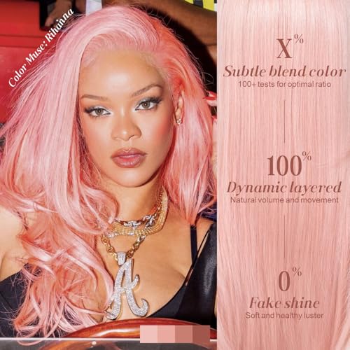 Light Pink Wear and Go Glueless Wig with Bangs Pink Wigs for Women Layered Synthetic Lace Front Wig Pre Plucked Pre Cut Ready to Wear 13x5x1 HD Lace Middle Part 26 Inch