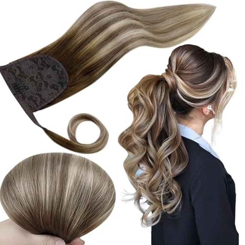 RUNATURE Human Hair Ponytail, Wrap Around Clip in Ponytail Extension Human Hair, Balayage Real Pony Tails Hair Extensions, 18 Inch 80g #3/8/22 Walnut Brown to Light Brown with Light Blonde