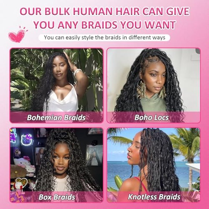 Human Braiding Hair for Boho Braids Deep Wave Bulk Human Hair for Braiding 150g Brazilian Human Hair for Boho Braids 20inch Bohemian Hair for Braiding Natural Black Best Human Extensions