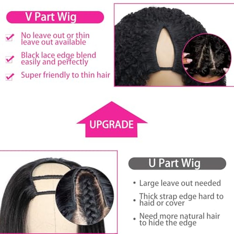 V Part Wigs Human Hair Afro Kinky Curly Glueless Wig Human Hair 200% Density Kinky Curly V Shape Wig Upgrade None Lace No Sew In V Part Wigs With Drawstring Beginner Friendly,Natural Color(18 Inch)