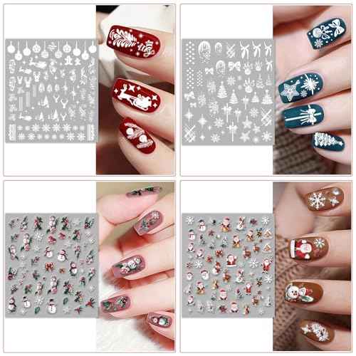 9 Sheets Christmas Nail Stickers for Girls Women and Kids, Nail Art Stickers Snowman Penguin Elk Santa for Nail Art Decoration with Tweezers for Christmas Stocking Stuffers & Gifts