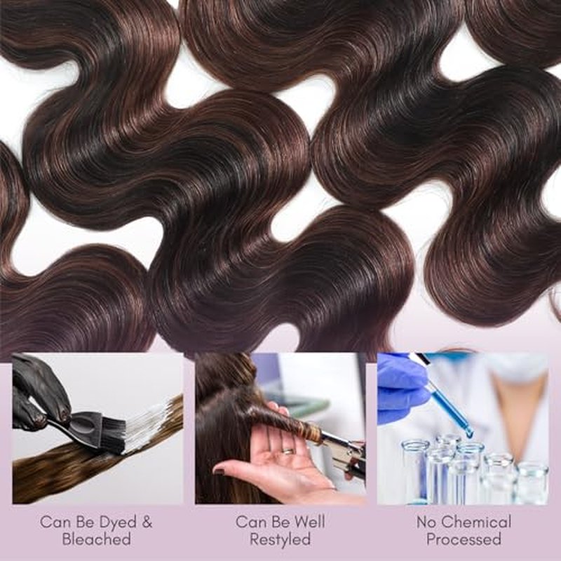 Brown Highlight Body Wave 3 Bundles Human Hair, 100% Virgin Real Hair Wavy 12A Weave #F2/4 2-Tone Dark Brown with Chestnut Streaks Ombre Human Hair Bundles 3pcs Thick Track Sew in 12 14 16 Inch
