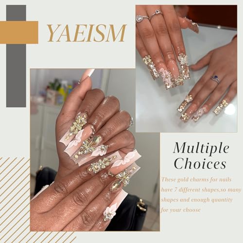 80PCS Gold Nail Charms Crystal Gold Heart Nail Charm Shiny Crown Nail Charms Sparkly Butterfly Charms Alloy Gold Nail Crosses for Nail Art and DIY Crafts Decoration