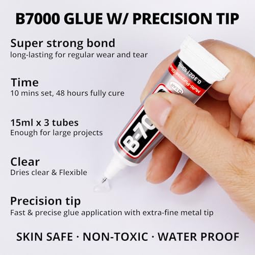 b7000 Glue with 7500Pcs Silver Clear Rhinestones for Crafts Clothes Clothing Fabric, Shiny Flatback Crystals Gems for Crafting Shoes Shirt, Flat Back Diamonds Set Badazzle kit Jewels 2-5mm 4 Sizes Mix
