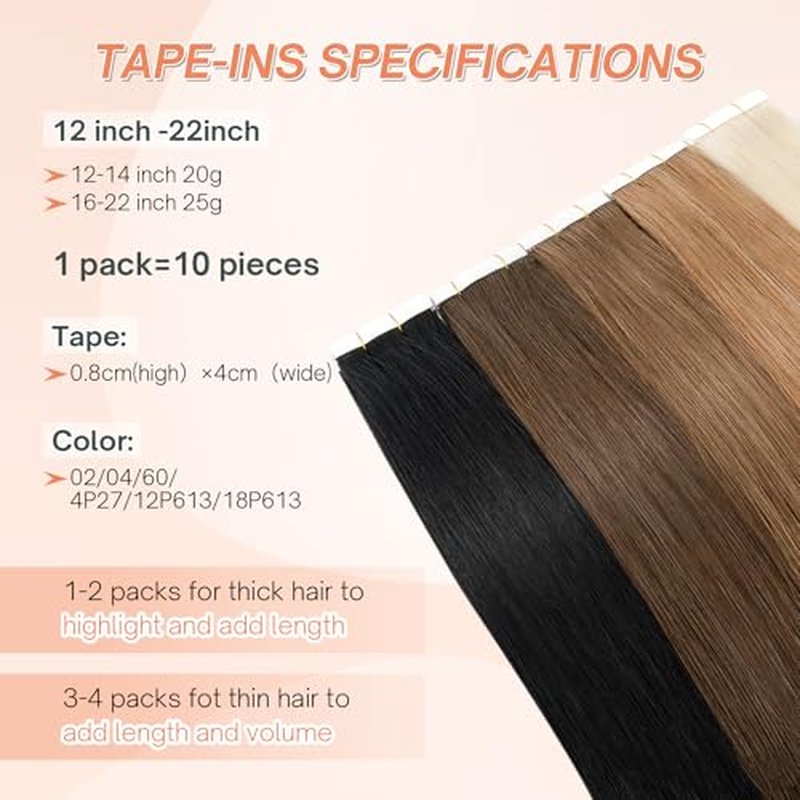 Benehair Tape in Human Hair Extensions, 22 inch Straight Invisible Tape Extensions Remy Blonde Hair Extensions 10pcs 20g Ash Brown Mix Bleach Blonde 18p613