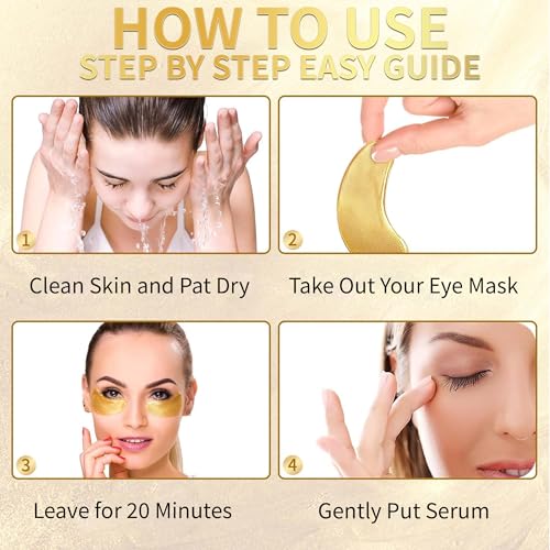 24K Gold Under Eye Patches (20 Pairs) Anti-Wrinkle Hydrogel Eye Mask with Collagen & Hyaluronic Acid -Reduces Dark Circles, Puffiness & Fine Lines - Eye Treatment for Men & Women