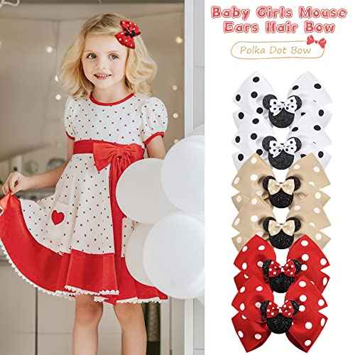 Qearl 16 Pcs Mouse Ears Bow Clips for Girls, Polka Dot Red Bows Theme Park Costume Party Decoration for Toddlers Girls in Pairs