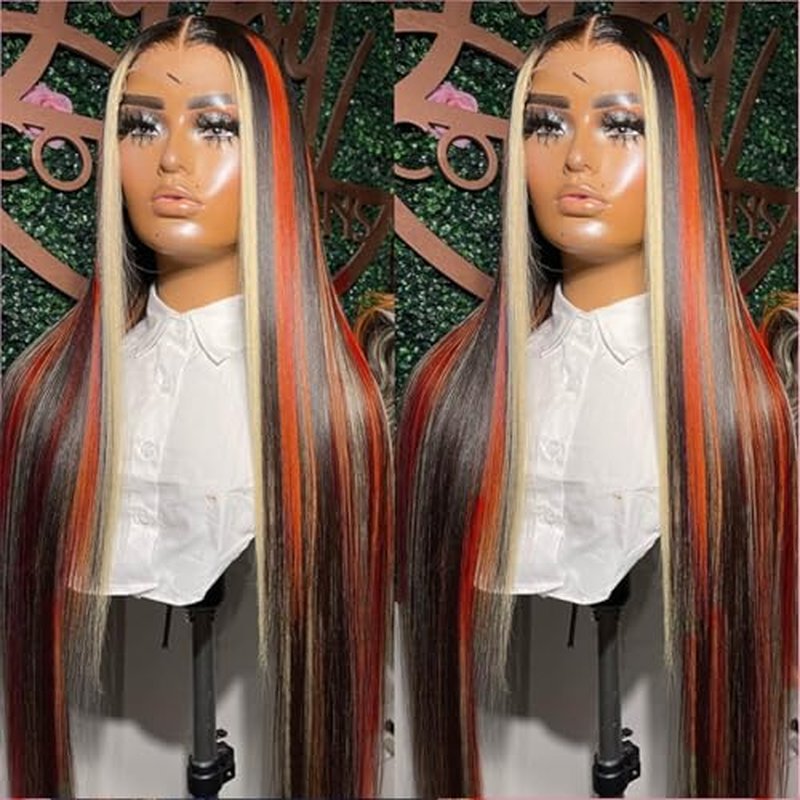 Ginger Blonde Highlight Lace Front Wigs Human Hair Skunk Stripe 13x4 Lace Frontal Wig Straight Black Ginger and Blonde Ombre Colored Wigs Glueluess Human Hair 20 Inch 180% Density Pre Plucked