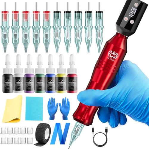 NEEBOL Wireless Tattoo Gun, Rotary Tattoo Pen, 1500mAH Battery, 10 Cartridge Needles, Digital LED Display Tattoo Accessories Complete Tattoo Machine Kit Gift for Tattoo Artists and Beginners (Red)