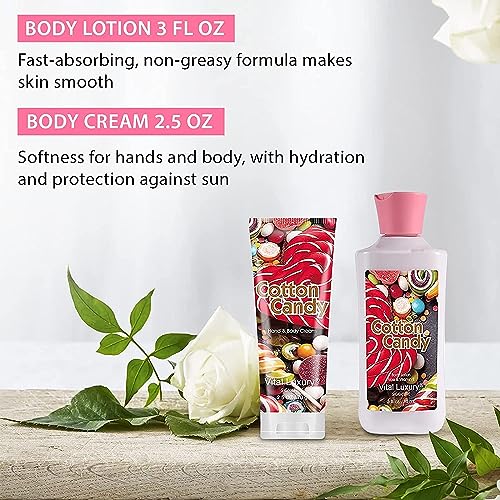 Cotton Candy Bath and Body Gift Set - 4-Piece Travel Kit with Body Lotion, Shower Gel, Body Cream & Fragrance Mist (3 Fl Oz) - Natural Extracts, Personal Self Care Kit for Women/Men
