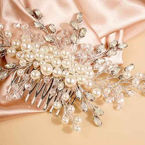 Hair Comb, Wedding Ivory Crystal Rhinestone Headpiece Pearls Hair Accessory for Brides