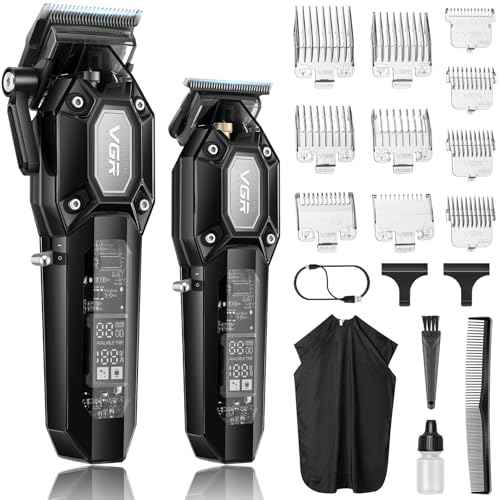 VGR Professional Hair Clippers for Men, Cordless Barber Clippers and Trimmers Set, Mens Hair Cutting Kit with 10 Guide Combs, USB Rechargeable Haircut Machine for Family, LED Display, Black