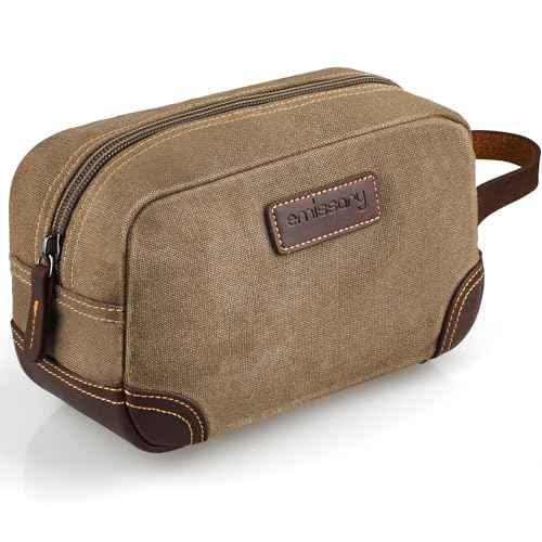 Emissary Men's Leather and Canvas Travel Toiletry Bag, Dopp Kit, Travel Bathroom Bag, Shaving Kit, Small Bags for Travel Accessories (Brown)