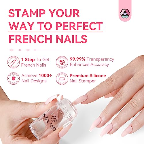 Saviland French Tip Nail Stamp - 4PCS Nail Art Stamper Kit Clear Silicone Nails Stamping Long & Short Jelly Stamper with Scrapers Nails Stamper Kit for French Manicure Nail Art Home DIY Salon