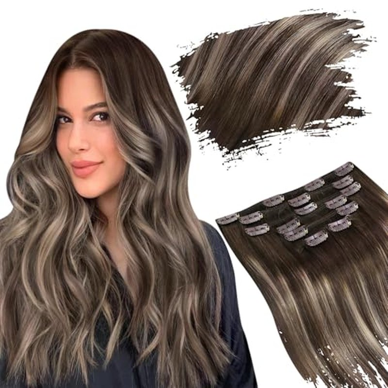Ugeat Hair Extensions Clip in 18 Inch Clip in Extensions Real Human Hair Balayage Brown Human Hair Extensions Clip ins Ash Brown No Damage 7Pcs 120G 4/18/4