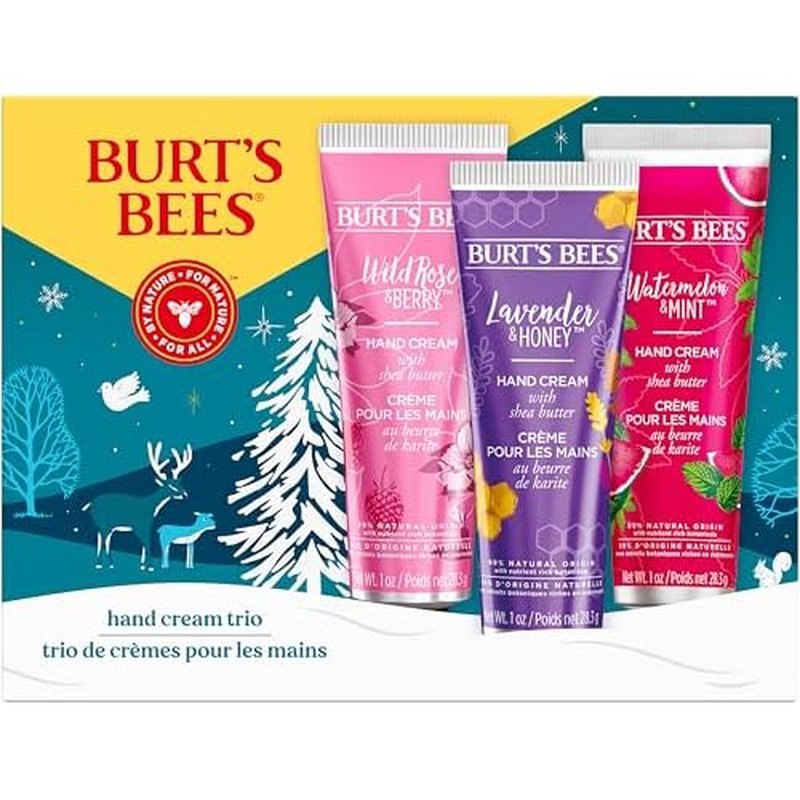 Burt's Bees Christmas Gifts, 3 Body Skincare Stocking Stuffers, Shea Butter Hand Cream Trio Set - Lavender Honey, Watermelon Mint & Wild Rose Berry (3-Pack)