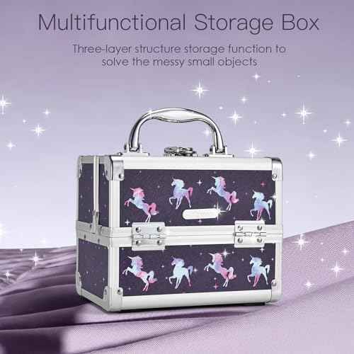 Joligrace Makeup Case for Girls Cosmetic Train Case Makeup Storage Box Jewelry Organizer Hair Accessories Lockable with Trays & Mirror Kids Gift Unicorn
