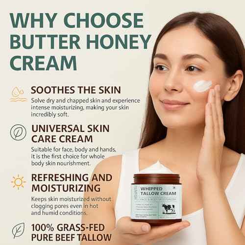 Grass-Fed Tallow Balm with Honey & Beeswax Deep Moisturizing Face & Body Cream Non-Comedogenic, Fragrance-Free For Dry Sensitive Skin Calms Redness 4.2 oz 2PCS