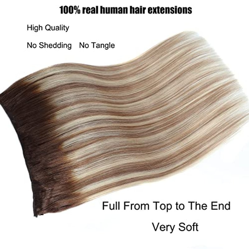 Ugrace Hair Wire Hair Extensions Real Human Hair Balayage Light Brown to Ash Brown and Bleach Blonde 20 inch 100g Transparent Invisible Fish Line Straight Clip in Human Hair Extensions for Women