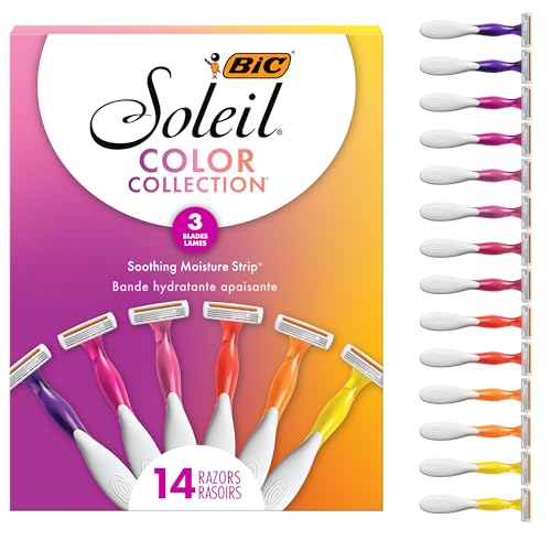 BIC Soleil 3 Colors Women's Disposable with 3 Blade Razors, Aloe Vera and Vitamin E Lubricating Strip for Enhanced Glide, 14-Pack, Stocking Stuffers for Women