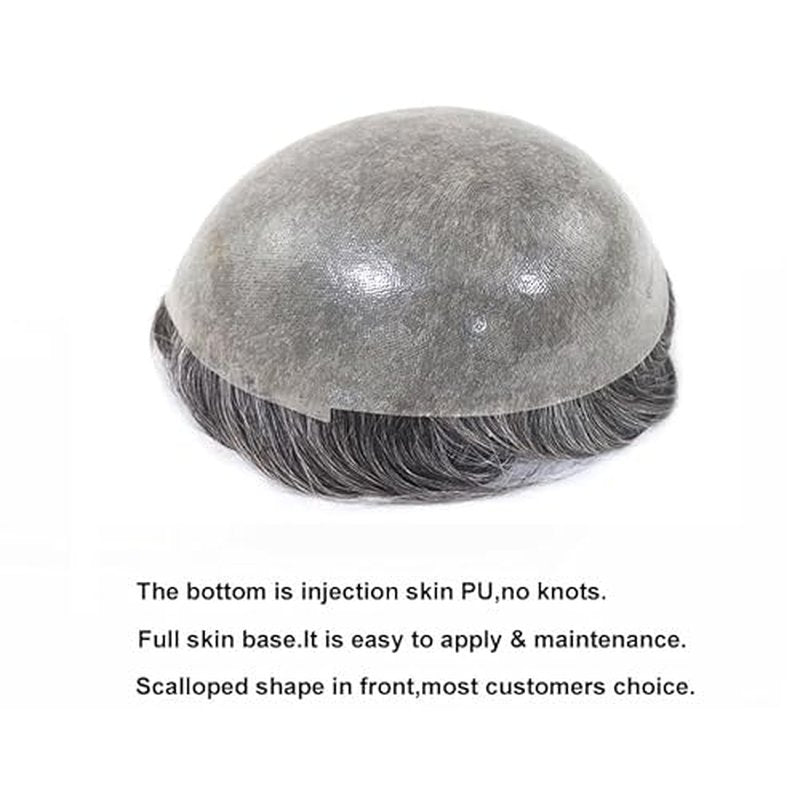 0.03mm Thin Skin Human Hair Men Toupee Brown Full PU Base Hairpiece For Men Wig Natural Wave Styles Human Hair Mens Wigs Replacement Systems 8x10 Size (#1B40)