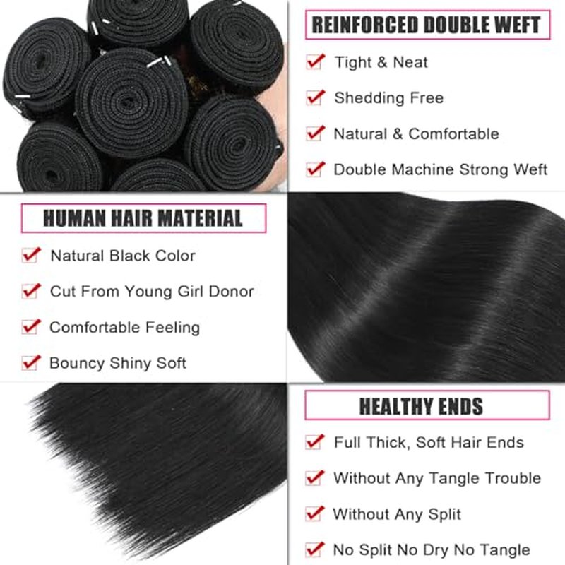 Straight Bundles Human Hair 34 inch 100% Unprocessed Brazilian Straight Hair Bundles 12A Remy Virgin Retain the Intact Cuticle, Long Lifespan