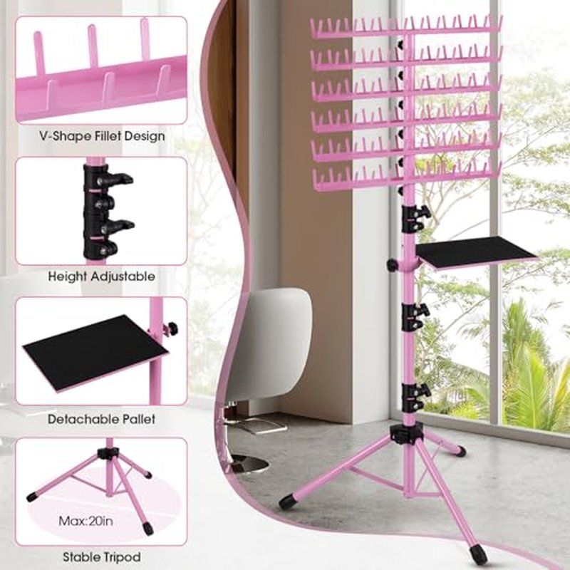 Klvied Braiding Hair Rack Standing 144 Pegs, Heavy Duty Hair Racks for Braiders Standing, Hair Divider Rack for Braiding Hair Separator, Braiding Rack with Carrying Bag and Hair Braiding Tools, Pink