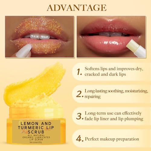 3PCS Turmeric Lemon Lip scrub and Turmeric Lip Balm with Brush Set, Lip Scrubber Exfoliator, Dark Lips Treatment for Smokers, Natural Exfoliator & Moisturizer Cracked, Dull, Reduce Fine Lines Lips