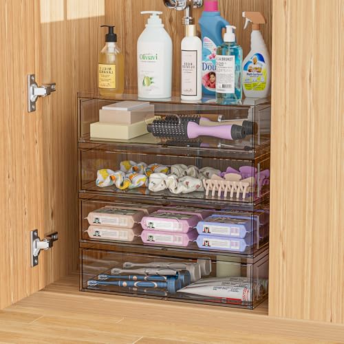 Clear Stackable Makeup Organizer with Drawer, 12''W Acrylic Storage Drawers, Cosmetic Display Case for Vanity Bathroom Countertop, Beauty Holder for Lipstick Brush Skincare Perfume (4 Pack)